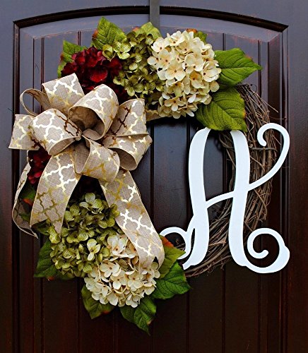 Hydrangea Monogram Initial Wreath with Bow Options and Cream, Ruby Red, and Moss Green Hydrangeas on Grapevine Base-Farmhouse Style
