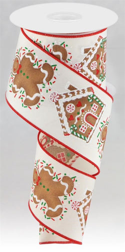2.5"X10yd Gingerbread Man/House on Cream with Red Wired Edge Ribbon