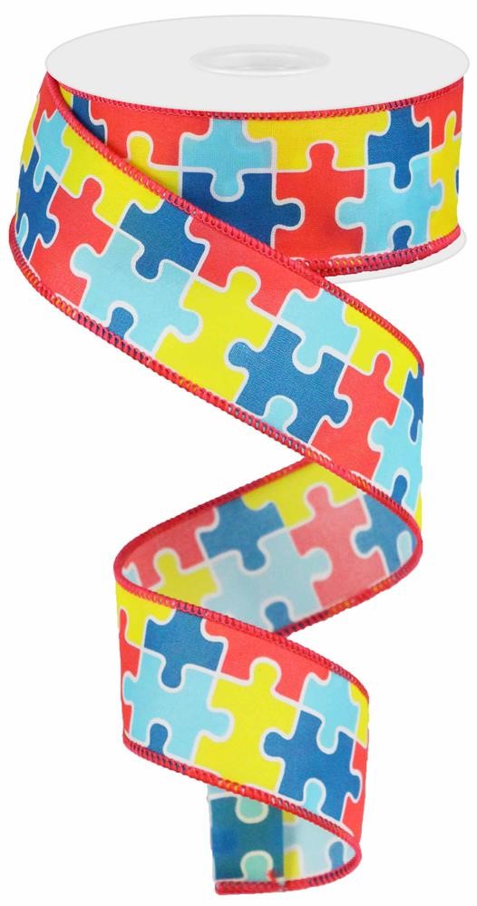 Autism Awareness Puzzle Piece Wired Ribbon, Red Yellow Blue (1.5 Inches x 10 Yards)
