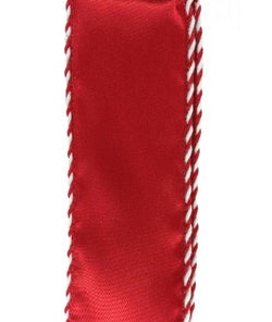 2.5" X 10yd Wired Red Satin Ribbon with Candy Cane Stripe Edge - Red, White