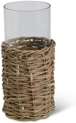 13.75 Inch Clear Cylinder in Rattan, Glass and Woven Basket