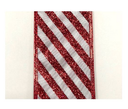 2.5 " x 50 yd Satin Glitter Candy Cane Stripes - White, Red Wired Edge Christmas Ribbon