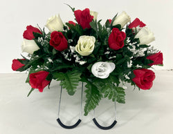 Small Cemetery Headstone Saddle Flowers in Red and Cream Roses for Summer, Memorial Day, Labor Day, Grave Decoration