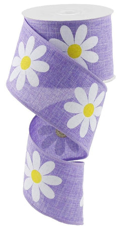 Daisy Flower Canvas Wired Edge Ribbon, 2.5" x 10 Yards (Lavender)-Spring Summer