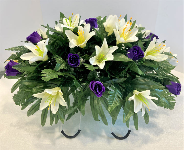 Spring or Easter Cemetery Flowers for Headstone and Grave Decoration-Purple Rose and Lily Mix Saddle