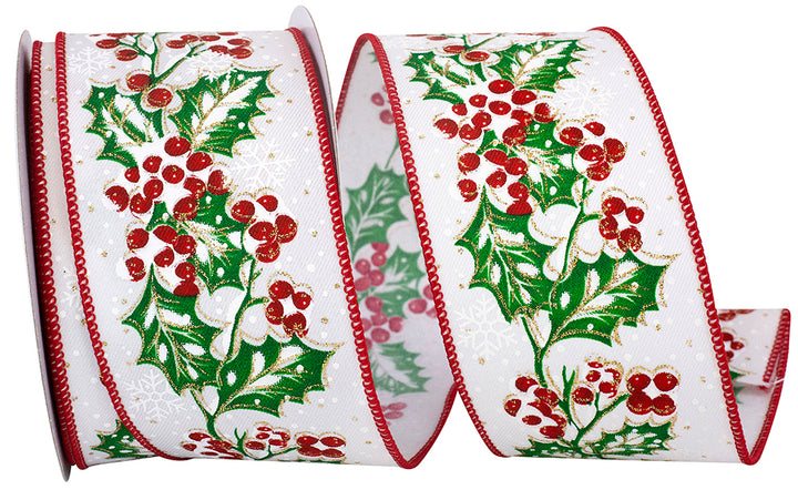 Reliant Holly Snow Wired Edge Ribbon, White, Green, Red 2.5