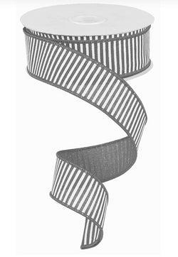 1.5"X10yd Grey Horizontal Stripes on White Royal Wired Edge Ribbon