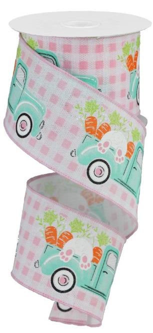 Easter Bunny and Carrots in Truck Wired Edge Ribbon, 10 Yards (Light Pink Gingham, 2.5 Inch)