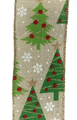 2.5" X 10yd Wired Decorated Christmas Trees with Snowflakes Ribbon-Red, Emerald Green, Gold, White