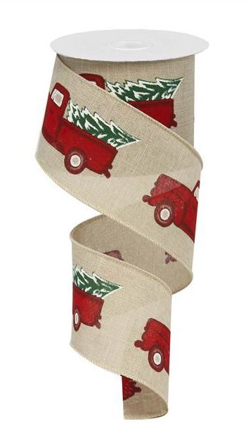 Vintage Red Truck With Christmas Tree Wired Ribbon 2.5