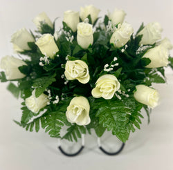 Small Cream Antique White Rose Spring Cemetery Flowers for Headstone and Grave Decoration-Cream Roses with Baby's Breath Saddle