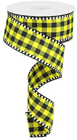 Gingham Check Wired Edge Ribbon - 10 Yards (Yellow, Black, 1.5 Inch)