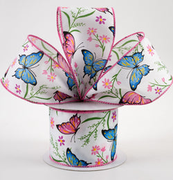 2.5"x10 yr Butterfly and Daisy Print on Satin Wired Edge Ribbon, Spring Summer