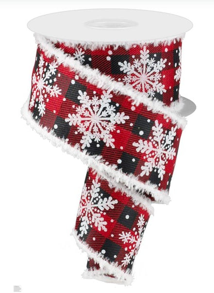 Glittered Snowflake with Snowdrift Wired Edge Ribbon - 10 Yards (Red, Black Plaid, 2.5 Inches)
