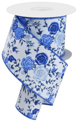 Floral Roses on Royal Canvas Wired Edge Ribbon - 10 Yards (White, Multi Blue, 2.5")