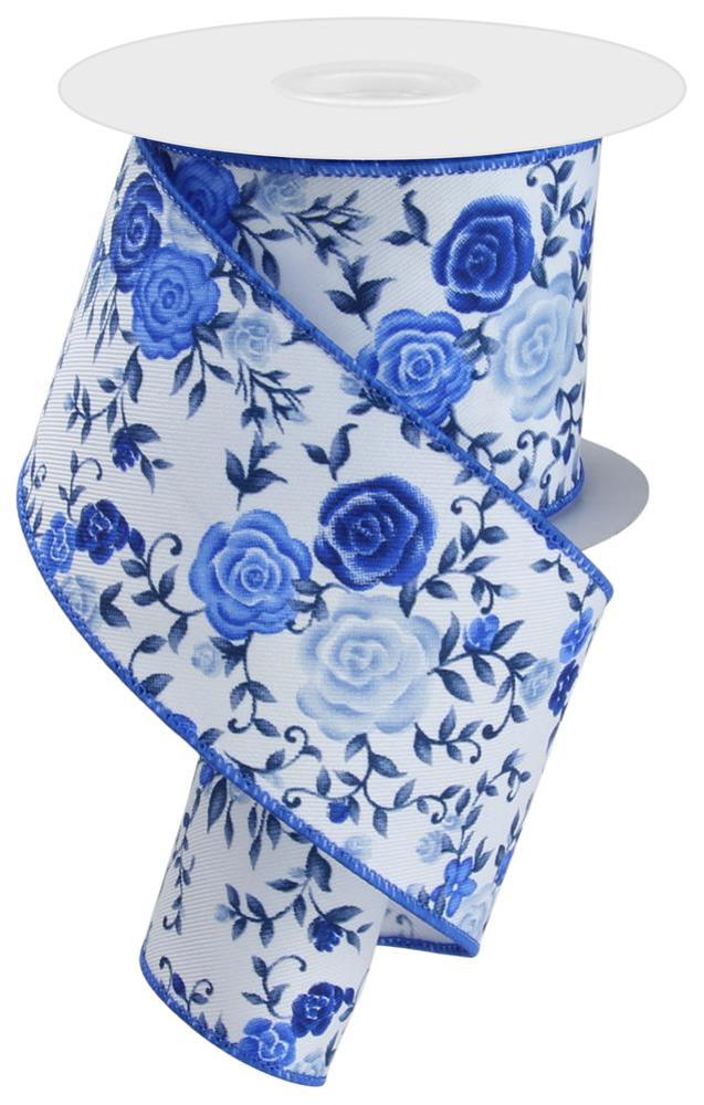 Floral Roses on Royal Canvas Wired Edge Ribbon - 10 Yards (White, Multi Blue, 2.5