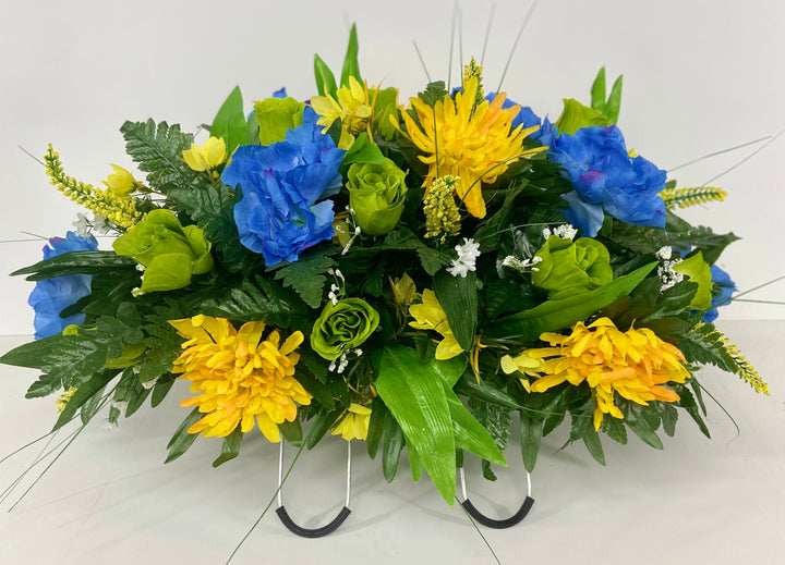 Cemetery Headstone Flowers Saddle Arrangement with Lime Green Roses, Blue Peonies, Yellow Spider Lilies, Grave Decoration, Tombstone Decor