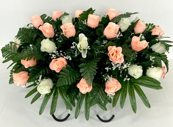 Cemetery Headstone Saddle Flower Arrangement in Peach and Cream Roses-Grave Marker Decoration, Sympathy Flowers
