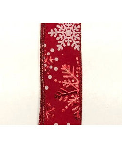 1.5"x10yd Red Satin Snowflake with White Snowflakes Wired Edge Ribbon