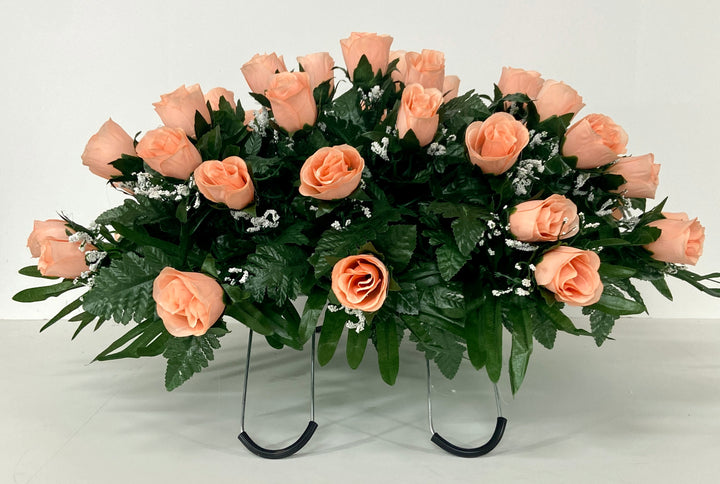 Cemetery Headstone Saddle Flower Arrangement in Peach Roses-Grave Marker Decoration, Sympathy Flowers, Mother's Day, Easter