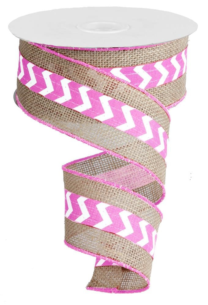 Pink Chevron Design Wired Edge Burlap Ribbon--2.5 Inch x 10 Yards (71% Jute--29% Polyester)