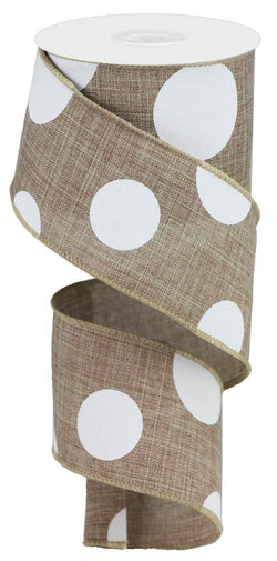2.5"X10yd Large White Multi Dots on Natural Wired Edge Ribbon