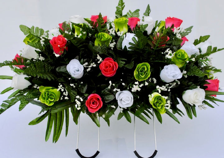 Spring Cemetery Flowers for Headstone and Grave Decoration-Pink Green and White Rose Mix Saddle
