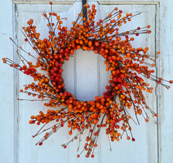 Thanksgiving and Fall Orange Berry Wreath on Grapevine Base in 22 Inch Diameter