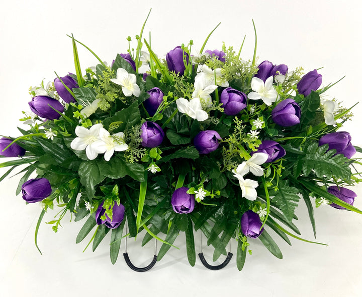Purple Mini Tulip and White Wildflower Headstone Saddle Cemetery Flower Arrangement-Tombstone Decoration for Spring and Summer