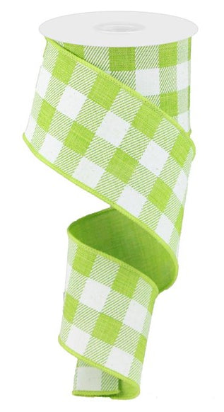 Plaid Check Wired Edge Ribbon - 10 Yards (Lime Green, White, 2.5 Inches)