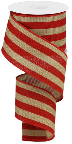 Vertical Stripe On Cross Royal Canvas Wired Edge Ribbon - 10 Yards (Beige, Red, 2.5")