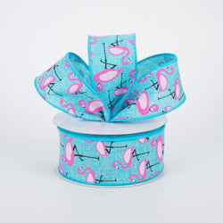 1.5"x10yd Pink Flamingo on Teal Wired Edge Ribbon