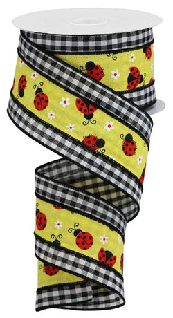 2.5"X10yd 2 in 1 Ladybugs On Check Wired Edge Ribbon